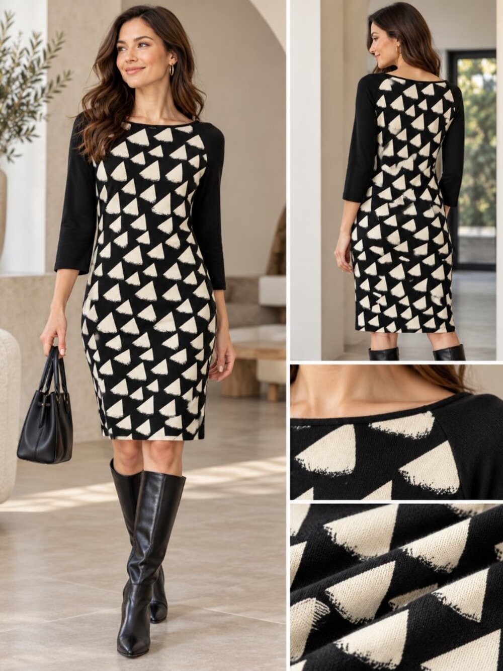 NWT Black & Ivory Geometric Print Dress Size XL 3/4 Sleeve
